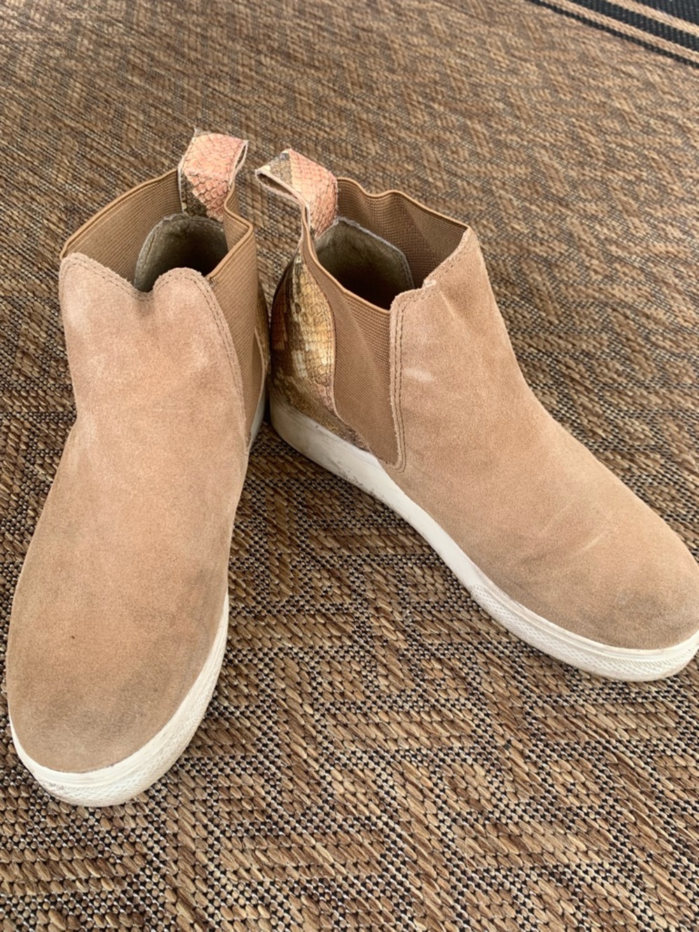 Dolce Vita Tan Suede Chelsea Booties with Snakeskin Heel Accent